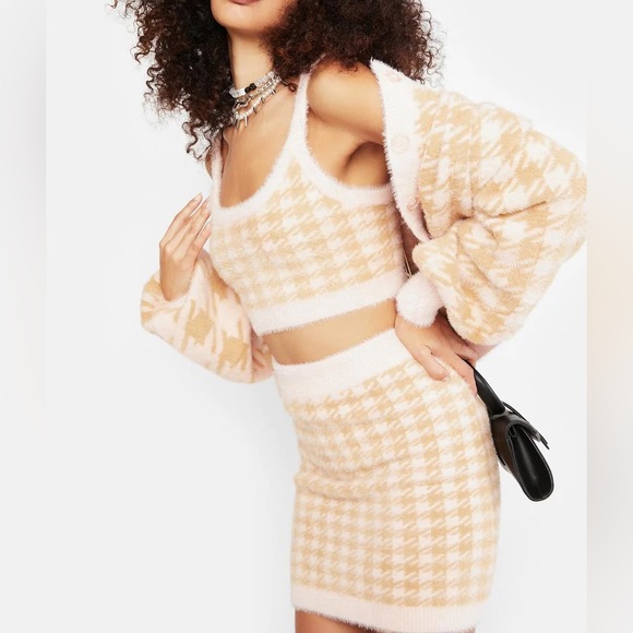 For love and lemons CHER argyle fur 3pc set small crop and skirt medium cardigan - Picture 6 of 16